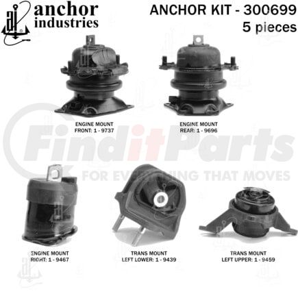 300699 by ANCHOR MOTOR MOUNTS - Engine Mount Kit - 5-Piece Kit, (3) Engine Mounts, (2) Trans Mount
