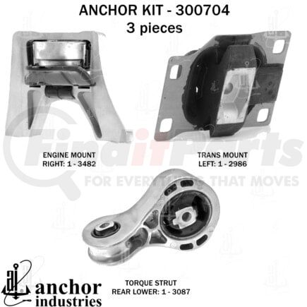 300704 by ANCHOR MOTOR MOUNTS - Engine Mount Kit - 3-Piece Kit, (1) Engine Mount Right, (1) Torque Strut Rear Lower, (1) Trans Mount Left