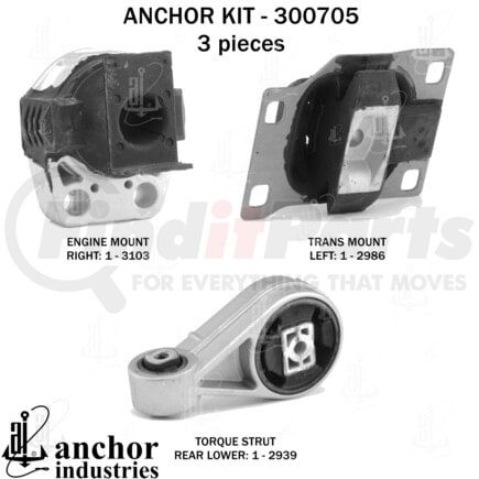 300705 by ANCHOR MOTOR MOUNTS - Engine Mount Kit - 3-Piece Kit, (1) Engine Mount Right, (1) Torque Strut Rear Lower, (1) Trans Mount Left