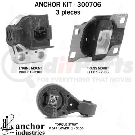 300706 by ANCHOR MOTOR MOUNTS - Engine Mount Kit - 3-Piece Kit, (1) Engine Mount Right, (1) Torque Strut Rear Lower, (1) Trans Mount Left