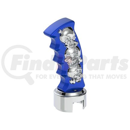 70844 by UNITED PACIFIC - Gearshift Knob - Blue and Chrome, Skulls Pistol Grip, 13/15/18 Speed Shifter