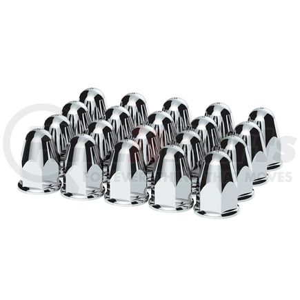 10046 by UNITED PACIFIC - Wheel Lug Nut Cover Set - 1-1/2" x 2-3/4", Chrome, Plastic, Bullets, with Flange, Push-On Style