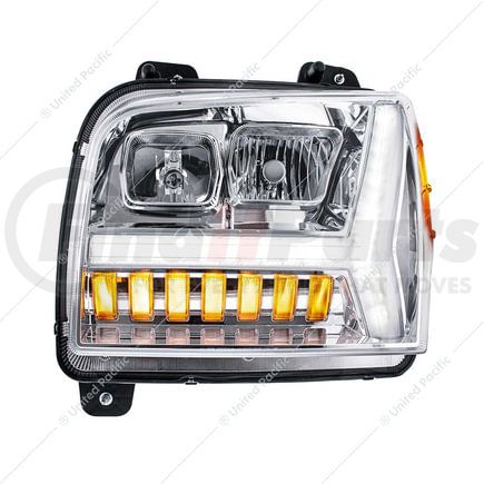 35130 by UNITED PACIFIC - Headlight - Driver Side, Chrome, with LED DRL Bar, For 2018-24 Kenworth W990