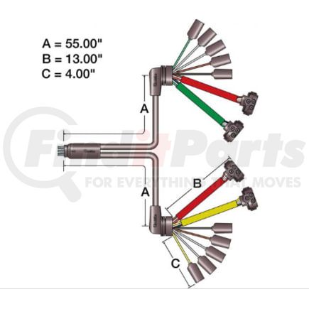 88910 by TRUCK-LITE - 88 Series Turn Signal Wiring Harness - 14 Plug, Rear, 14 Gauge, 55 in. License, Turn Signal Harness, w/ S/T/T, M/C, Auxiliary, Tail Breakout