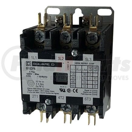 8910DPA33V09 by SQUARE D - Definite Purpose Contactor, 30A, 3 pole, 20HP at 575VAC, 3 phase, 208/240VAC