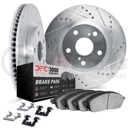 7312-54102 by DYNAMIC FRICTION COMPANY - Brake Rotor - Drilled & Slotted - Silver w/3000 Ceramic Brake Pads & HW Kit