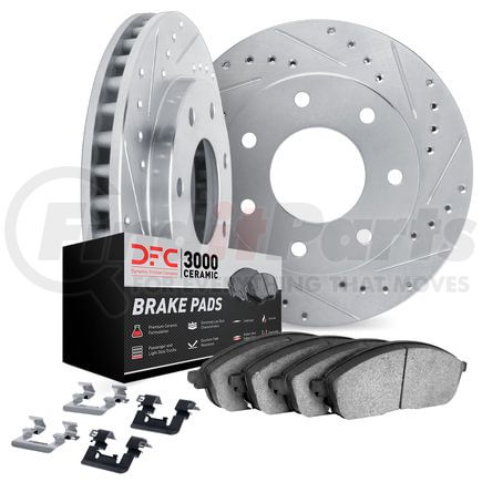 7312-54116 by DYNAMIC FRICTION COMPANY - Brake Rotor - Dimpled & Slotted - Silver w/3000 Ceramic Brake Pads & HW Kit