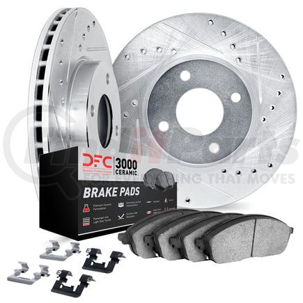 7312-67124 by DYNAMIC FRICTION COMPANY - Brake Rotor - Dimpled & Slotted - Silver w/3000 Ceramic Brake Pads & HW Kit