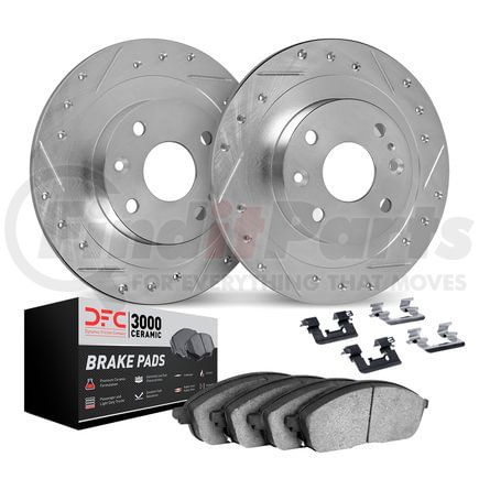 7312-76064 by DYNAMIC FRICTION COMPANY - Brake Rotor - Dimpled & Slotted - Silver w/3000 Ceramic Brake Pads & HW Kit