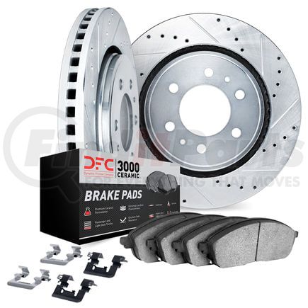 7312-76098 by DYNAMIC FRICTION COMPANY - Brake Rotor - Dimpled & Slotted - Silver w/3000 Ceramic Brake Pads & HW Kit