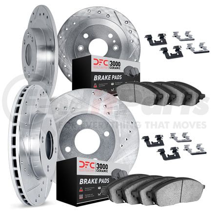 7314-03010 by DYNAMIC FRICTION COMPANY - Brake Rotor - Dimpled & Slotted - Silver w/3000 Ceramic Brake Pads & HW Kit