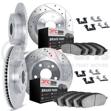 7314-13023 by DYNAMIC FRICTION COMPANY - Brake Rotor - Dimpled & Slotted - Silver w/3000 Ceramic Brake Pads & HW Kit