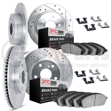 7314-21023 by DYNAMIC FRICTION COMPANY - Brake Rotor - Dimpled & Slotted - Silver w/3000 Ceramic Brake Pads & HW Kit