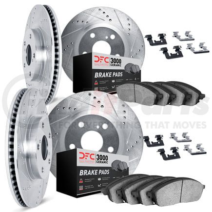 7314-27058 by DYNAMIC FRICTION COMPANY - Brake Rotor - Dimpled & Slotted - Silver w/3000 Ceramic Brake Pads & HW Kit