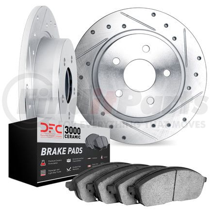 7302-21043 by DYNAMIC FRICTION COMPANY - Brake Rotor - Drilled & Slotted - Silver w/3000 Ceramic Brake Pads