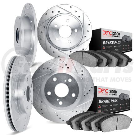 7304-74009 by DYNAMIC FRICTION COMPANY - Brake Rotor - Drilled & Slotted - Silver w/3000 Ceramic Brake Pads