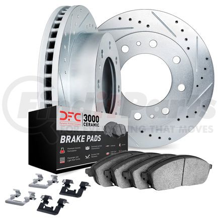 7312-40039 by DYNAMIC FRICTION COMPANY - Brake Rotor - Dimpled & Slotted - Silver w/3000 Ceramic Brake Pads & HW Kit