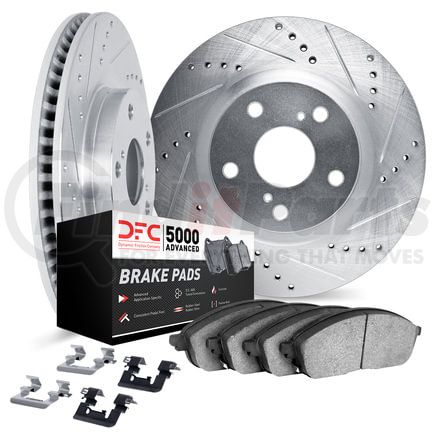 7512-54020 by DYNAMIC FRICTION COMPANY - Brake Rotor - Drilled & Slotted - Silver w/5000 Brake Pads & HW Kit