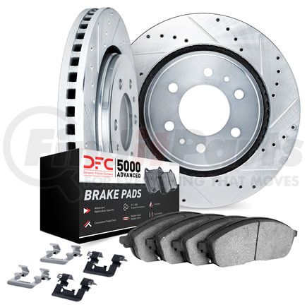 7512-54148 by DYNAMIC FRICTION COMPANY - Brake Rotor - Drilled & Slotted - Silver w/5000 Brake Pads & HW Kit