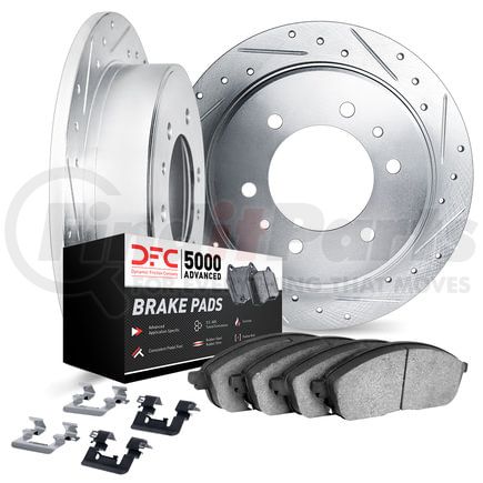 7512-93002 by DYNAMIC FRICTION COMPANY - Brake Rotor - Dimpled & Slotted - Silver w/5000 Brake Pads & HW Kit