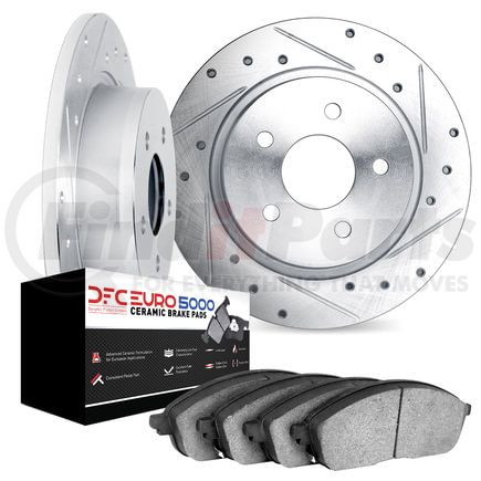 7602-63003 by DYNAMIC FRICTION COMPANY - Rotors-Drilled and Slotted-Silver with 5000 Euro Ceramic Brake Pads