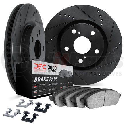 8312-42038 by DYNAMIC FRICTION COMPANY - Brake Rotor - Drilled & Slotted - Black w/3000 Ceramic Brake Pads and HW Kit