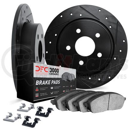 8312-63142 by DYNAMIC FRICTION COMPANY - Brake Rotor - Drilled & Slotted - Black w/3000 Ceramic Brake Pads and HW Kit