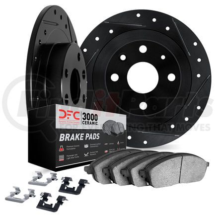 8312-07005 by DYNAMIC FRICTION COMPANY - Brake Rotor - Drilled & Slotted - Black w/3000 Ceramic Brake Pads and HW Kit