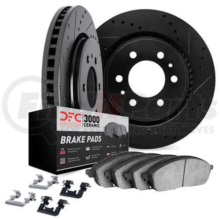 8312-42006 by DYNAMIC FRICTION COMPANY - Brake Rotor - Drilled & Slotted - Black w/3000 Ceramic Brake Pads and HW Kit