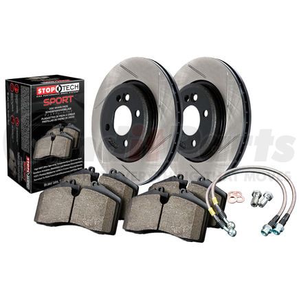 977.34057F by STOPTECH - StopTech Sport Axle Pack; Slotted Rotor; Front Brake Kit with Brake lines