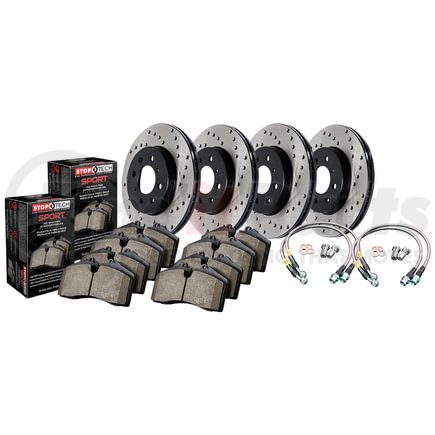 979.34039 by STOPTECH - StopTech Sport Axle Pack; Drilled Rotor; 4 Wheel Brake Kit with Brake lines