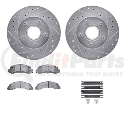 7512-54047 by DYNAMIC FRICTION COMPANY - Brake Rotor - Drilled & Slotted - Silver w/5000 Brake Pads & HW Kit