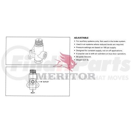 RKN31060 by MERITOR - Auxiliary Air Regulator - Adjustable, 1/4 in. NPT Inlet and Outlet, 65 psi