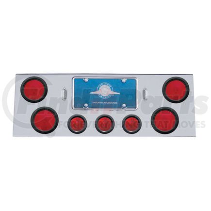 21496 by UNITED PACIFIC - Tail Light Panel - Stainless Steel, Rear Center, with Four 4" Lights & Three 2.5" Beehive Lights & Grommets