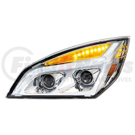 35819 by UNITED PACIFIC - Projection Headlight Assembly - LH, LED, Chrome Housing, High/Low Beam, with LED Signal Light and White LED Position Light