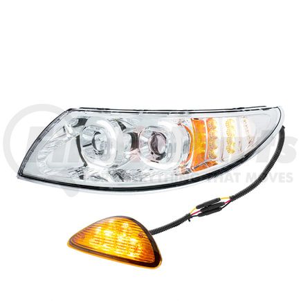 35989 by UNITED PACIFIC - Headlight - Left Side, LED, Projector, Chrome Housing, with Rear Facing Turn Signal Light