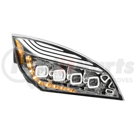 36725 by UNITED PACIFIC - Headlight Assembly - Passenger Side, Chrome, Quad-LED, with DRL and Sequential Signal