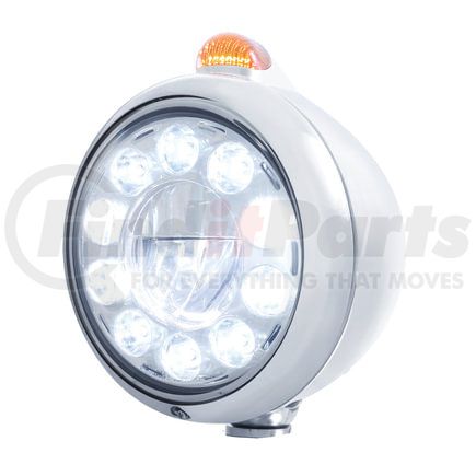 31562 by UNITED PACIFIC - Guide Headlight - 1 High Power, LED, 682-C Style, RH/LH, 7", Round, Polished Housing, with 5 LED Dual Mode Signal Light, with Amber Lens