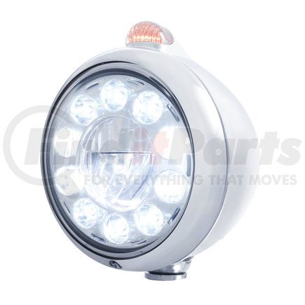 31563 by UNITED PACIFIC - Guide Headlight - 1 High Power LED, RH/LH, 7", Round, Polished Housing, with 5 LED Dual Mode Turn Signal Light, with Clear Lens