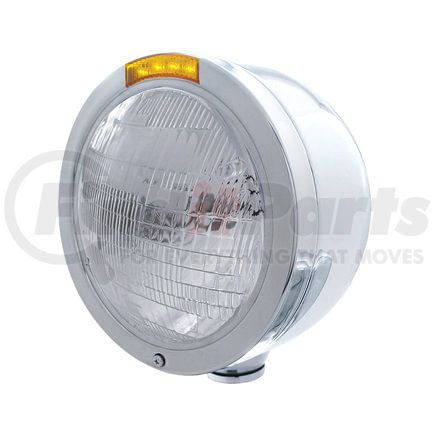 31704 by UNITED PACIFIC - Headlight - Half-Moon, RH/LH, 7", Round, Polished Housing, 6014 Bulb, with Bullet Style Bezel, with 4 Amber LED Signal Light, with Amber Lens