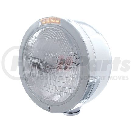 31705 by UNITED PACIFIC - Headlight - Half-Moon, RH/LH, 7", Round, Polished Housing, 6014 Bulb, with Bullet Style Bezel, with 4 Amber LED Signal Light, with Clear Lens