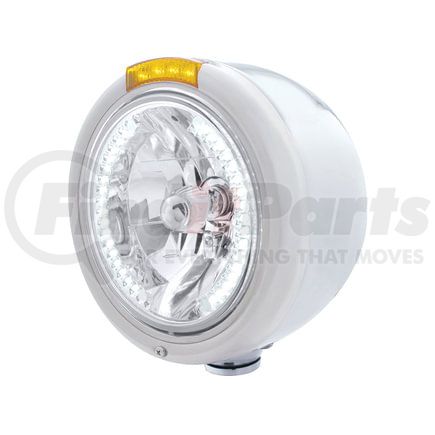 32460 by UNITED PACIFIC - Headlight - Half-Moon, RH/LH, 7", Round, Polished Housing, H4 Bulb, with 34 Bright White LED Position Light and 4 Amber LED Signal Light, Amber Lens