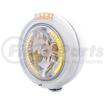 32471 by UNITED PACIFIC - Headlight - RH/LH, 7", Round, Polished Housing, H4 Bulb, with 34 Bright Amber LED Position Light and 4 Amber LED Dual Mode Signal Light, Clear Lens