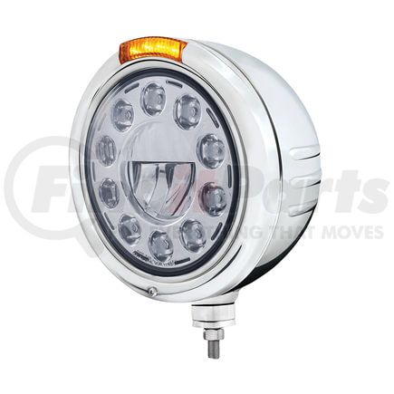 32732 by UNITED PACIFIC - Classic Embossed Stripe 11 LED Headlight - RH/LH, 7", Round, Polished Housing, Bullet Style Bezel, with Amber LED Dual Mode Light, Amber Lens