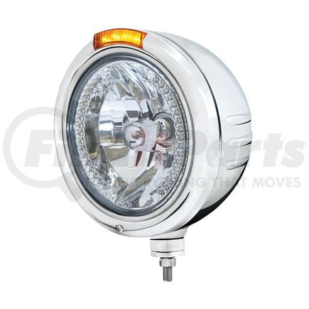 32740 by UNITED PACIFIC - Classic Embossed Stripe Headlight - RH/LH, 7", Round, Polished Housing, H4 Bulb, Bullet Style Bezel, with White Position Light and 4 Amber LED Dual Mode Light, Amber Lens