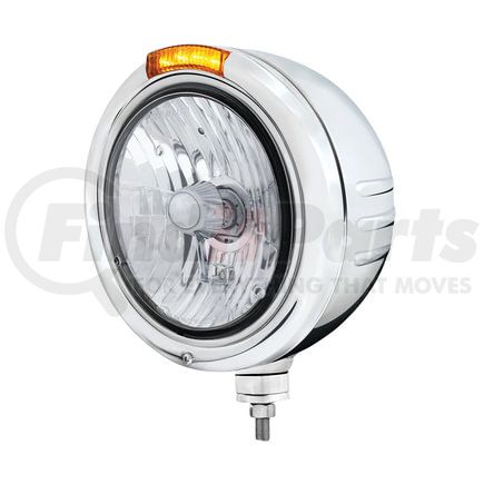 32742 by UNITED PACIFIC - Classic Embossed Stripe Headlight - RH/LH, 7", Round, Polished Housing, Crystal H4 Bulb, Bullet Style Bezel, with Amber LED Dual Mode Light, Amber Lens