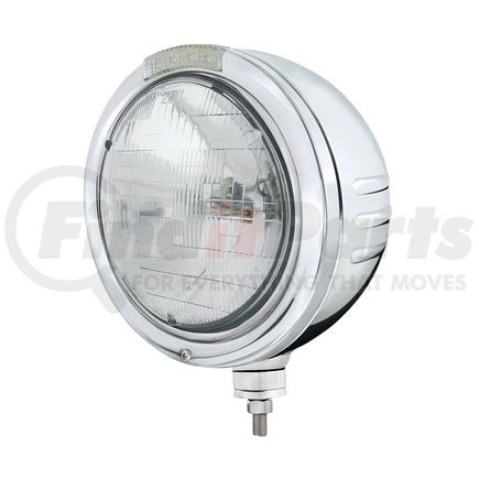 32753 by UNITED PACIFIC - Headlight - Embossed Stripe, RH/LH, 7", Round, Polished Housing, H6024 Bulb, Bullet Style Bezel, with Amber LED Dual Mode Light (Clear Lens)