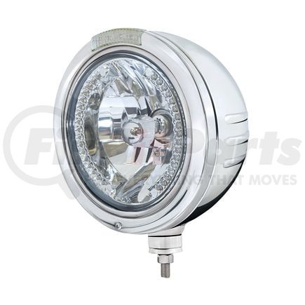 32755 by UNITED PACIFIC - Headlight - Embossed Stripe, RH/LH, 7", Round, Polished Housing, H4 Bulb, Bullet Style Bezel, with 34 Bright Amber LED Position Light and Amber LED Dual Mode Light (Clear Lens)