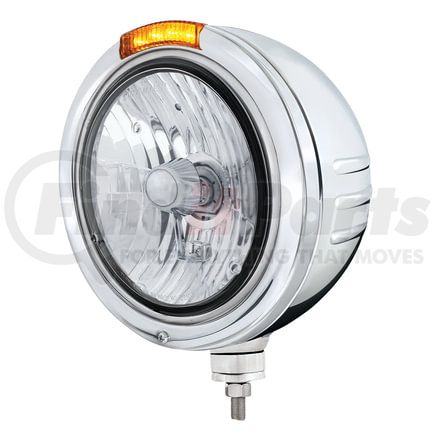 32758 by UNITED PACIFIC - Headlight - Embossed Stripe, RH/LH, 7", Round, Polished Housing, Crystal H4 Bulb, Bullet Style Bezel, with Amber LED Dual Mode Light (Amber Lens)