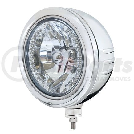 32774 by UNITED PACIFIC - Headlight - Embossed Stripe, RH/LH, 7", Round, Polished Housing, Crystal H4 Bulb, Bullet Style Bezel, with 34 Bright Amber LED Position Light